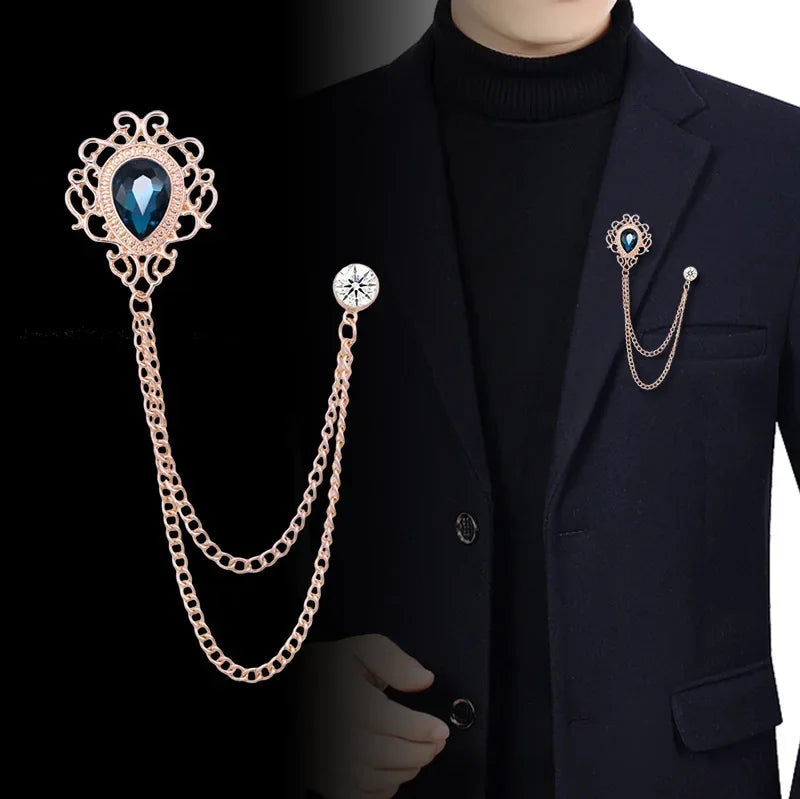 New Vintage Tassel Chain Rhinestone Crystal Lapel Pin - Unisex Men Women Suit Shirt Collar Tie Accessories Fashion Jewelry