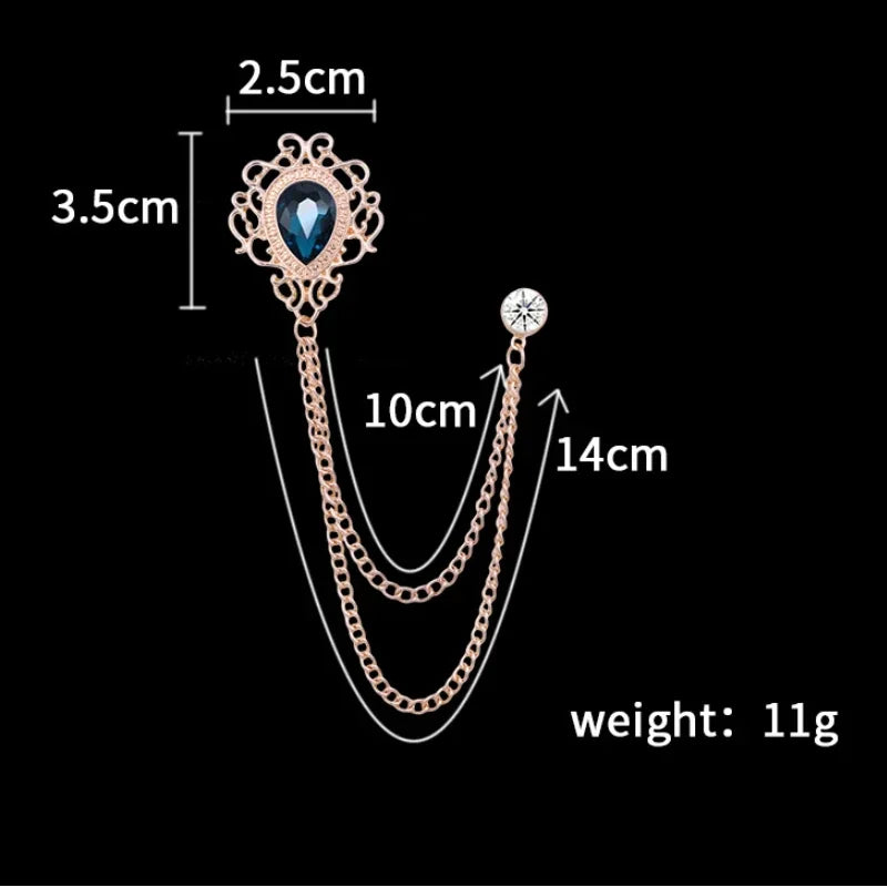 New Vintage Tassel Chain Rhinestone Crystal Lapel Pin - Unisex Men Women Suit Shirt Collar Tie Accessories Fashion Jewelry