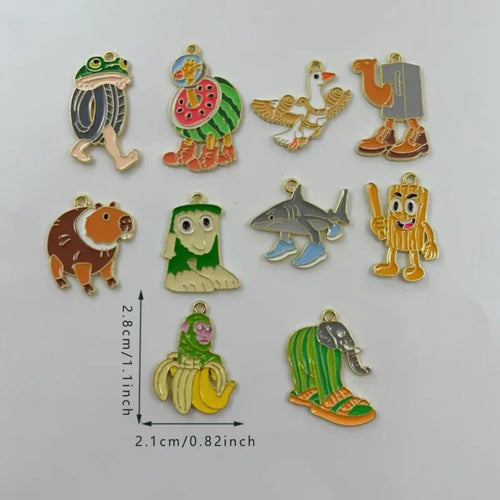 10pcs Creative Alloy Drip Oil Jewelry, Monster, Funny, Abstract, Wooden Stick, Man, Shark, DIY Accessories, Pendant