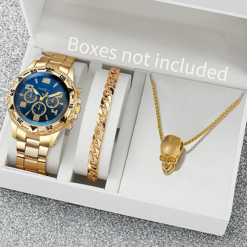 Surprise Mystery Watch Set Blind Box-3PCS/Set Men Business Watches Fashion Steel Band Quartz Watch Jewelry Set（Without Box）