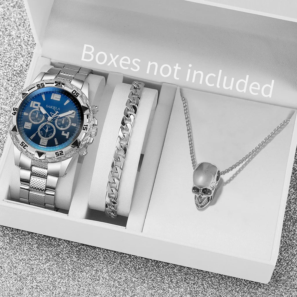 Surprise Mystery Watch Set Blind Box-3PCS/Set Men Business Watches Fashion Steel Band Quartz Watch Jewelry Set（Without Box）