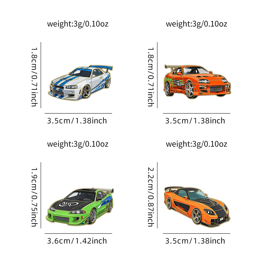 4pcs The Fast and the Furious car Enamel Pin Brooch For Coat mans Brooches Fashion Lapel Badges Jewelry Gift for Friends