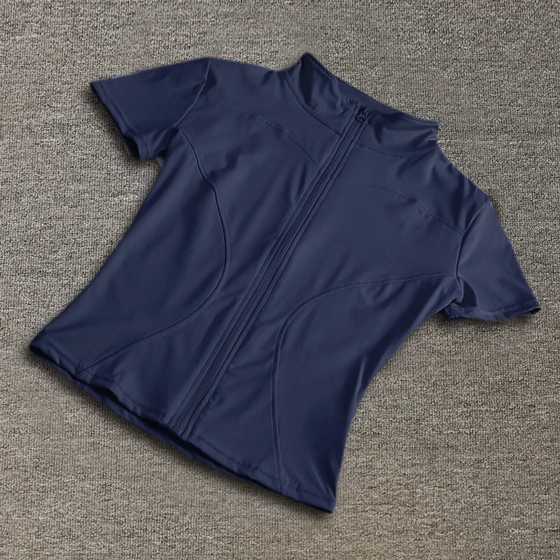 Summer Solid Zipper Slimming Coat Women Short Sleeve Stand Collar Cycling Running Tops Female Gym Sports Workout Clothes Street