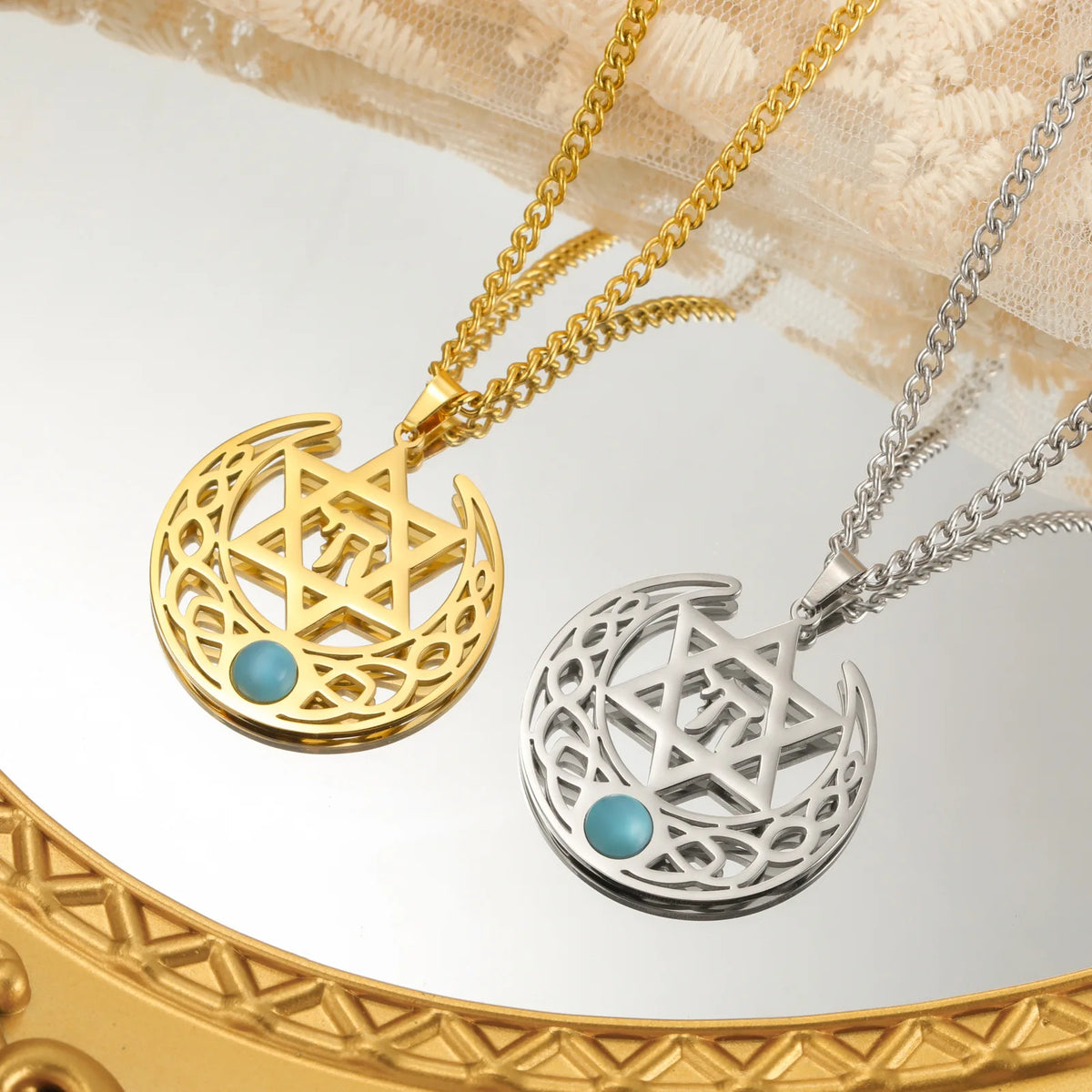 Minimalist Star of David Pendant Necklace Stainless Steel Hollow Moon Tree of Life Lion Religious Jewish Jewelry for Women Men